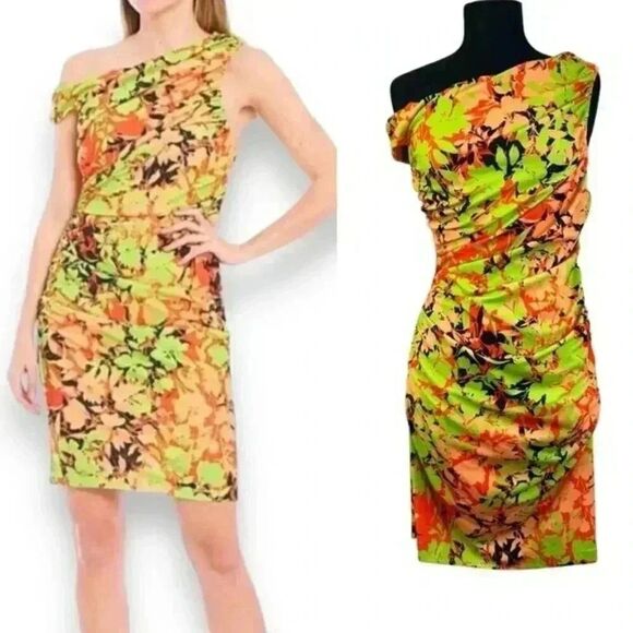 Badgley Mischka NWT  Dress Valerie Floral Print Asymmetrical Neck Stretch 12 - Picture 1 of 8